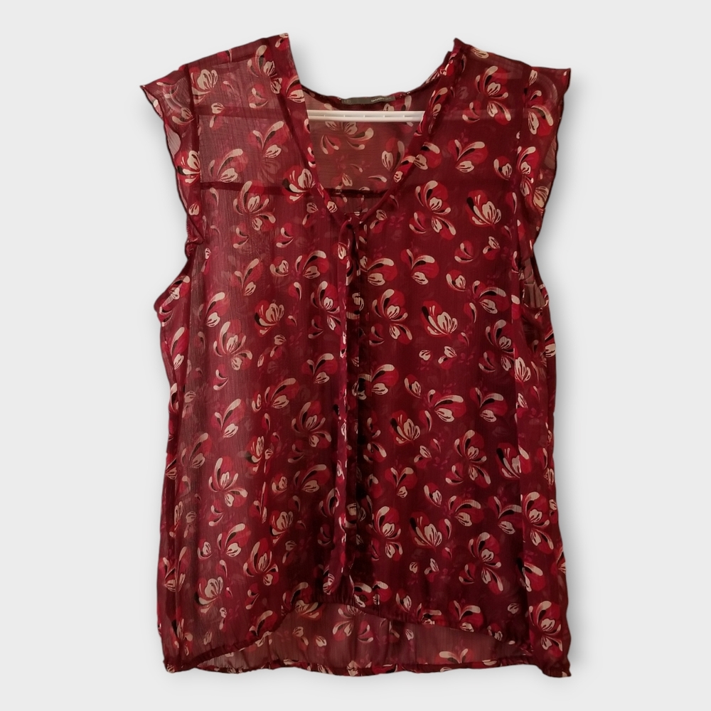 Smart Set Sheer Sleeveless Red Floral Blouse, Large
